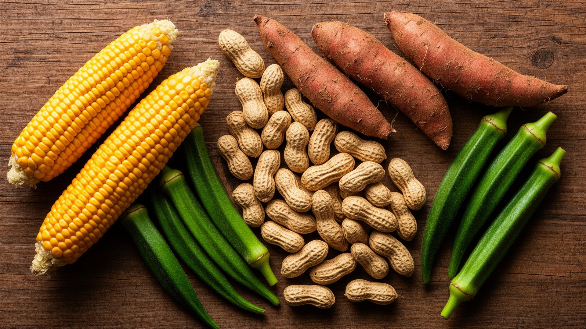 Récoltes locales : maïs, manioc, arachide, gombo